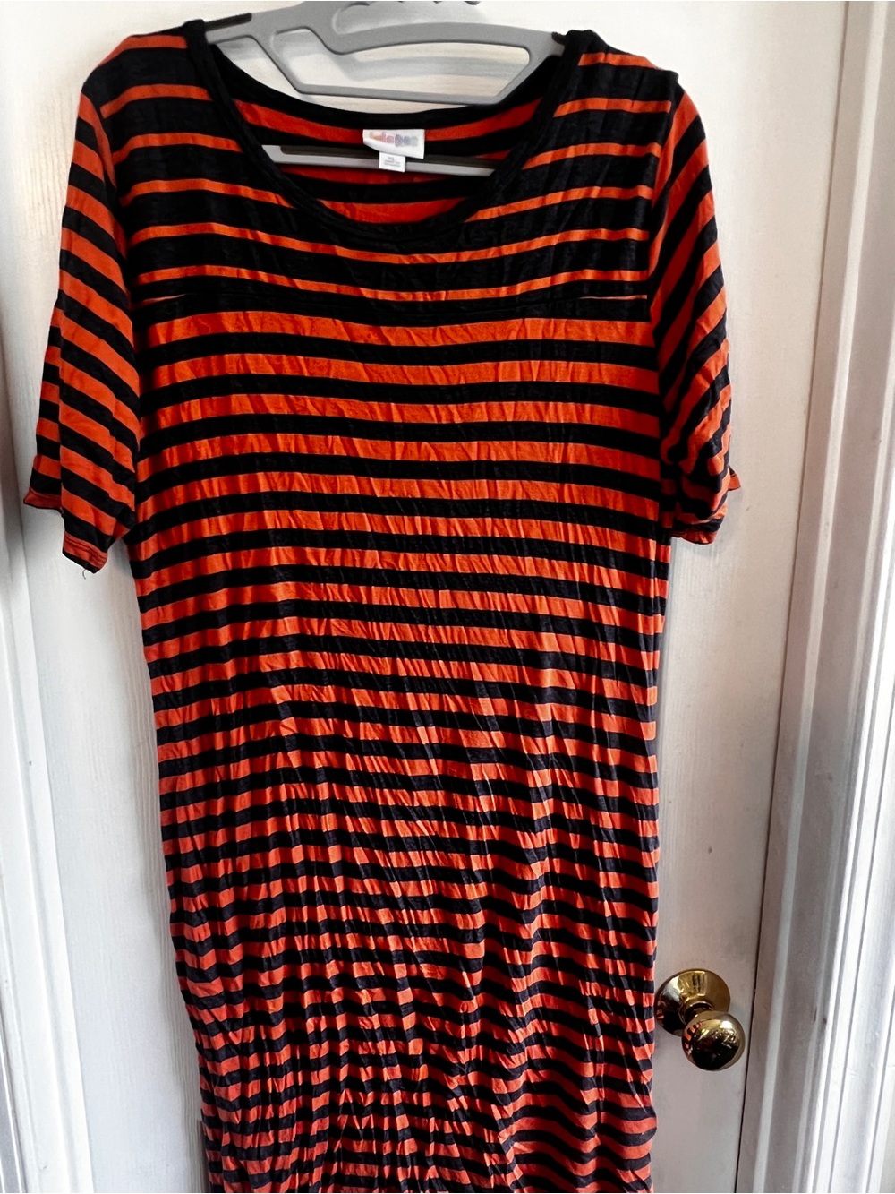 LuLaRoe Orange and Navy Striped Julia Tee Dress